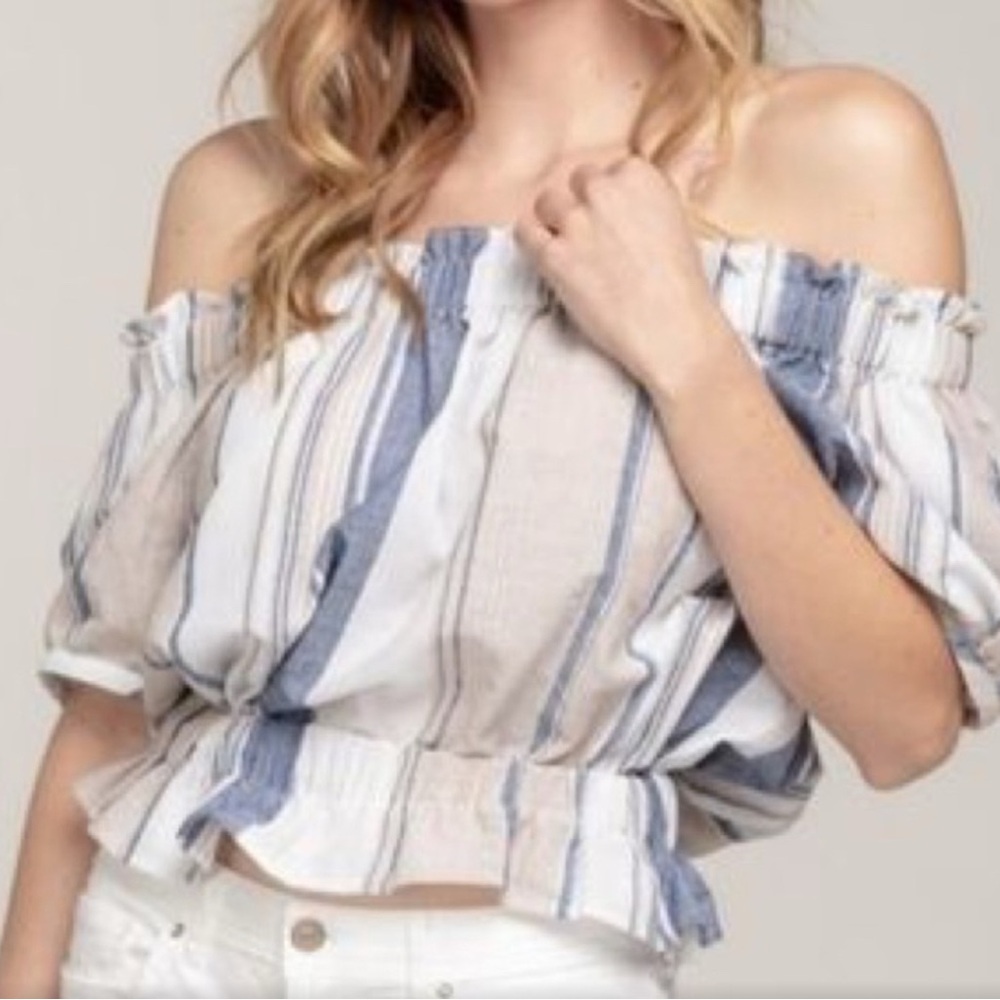 Everly Blue & White Striped Off the Shoulder Crop Top, M